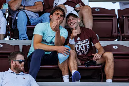 STARKVILLE, MS - April 14, 2023 - Mississippi State's Nemanja Malesevic and Ewen Lumsden during the match between the Georgia Bulldogs and the Mississippi State Bulldogs at the AJ Pitts Tennis Centre in Starkville, MS. Photo By Laura Parsley