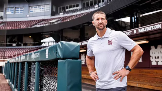 STARKVILLE, MS - June 22, 2023 - Mississippi State Pitching Coach Justin Parker takes the field at Dudy Noble Field at Polk-Dement Stadium in Starkville, MS. Photo By Mike Mattina
