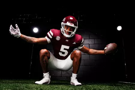 STARKVILLE, MS - July 12, 2023 - Mississippi State Wide Receiver Lideatrick Griffin (#5) during home jersey reveal photo asset shoot at the Holliman Athletic Center at Mississippi State University in Starkville, MS. Photo By Jaden Powell