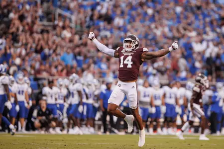 STARKVILLE, MS - September 03, 2022 - Mississippi State Linebacker Nathaniel "Bookie" Watson (#14) reacts during the game between the Memphis Tigers and the Mississippi State Bulldogs at Davis Wade Stadium at Scott Field in Starkville, MS. Photo By Mike Mattina