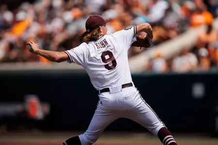 STARKVILLE, MS - May 21, 2022 - Mississippi State Pitcher Pico Kohn (#9) during the game between the Tennessee Volunteers and the Mississippi State Bulldogs at Dudy Noble Field at Polk-Dement Stadium in Starkville, MS. Photo By Mike Mattina