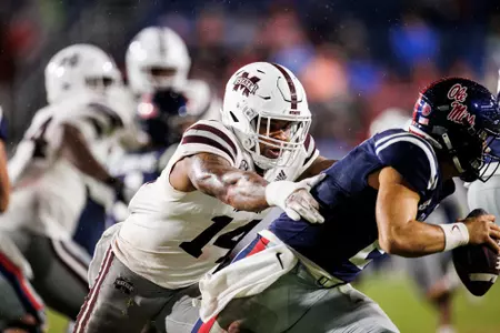 OXFORD, MS - November 24, 2022 - Mississippi State Linebacker Nathaniel "Bookie" Watson (#14) during the Battle for the Golden Egg between the Mississippi State Bulldogs and the Ole Miss Rebels at Vaught Hemingway Stadium in Oxford, MS. Photo By Kevin Snyder