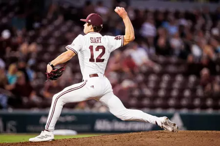 STARKVILLE, MS - February 21, 2023 - Mississippi State Pitcher Evan Siary (#12) during the game between the Louisiana-Monroe Warhawks and the Mississippi State Bulldogs at Dudy Noble Field at Polk-Dement Stadium in Starkville, MS. Photo By Ivy Ball