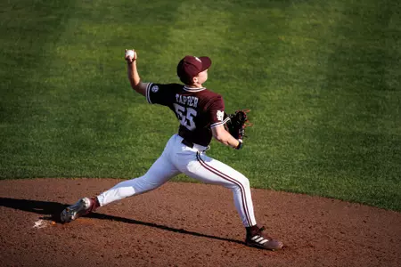 STARKVILLE, MS - March 24, 2023 - Mississippi State Pitcher Brock Tapper (#55) during the game between the Vanderbilt Commodores and the Mississippi State Bulldogs at Dudy Noble Field at Polk-Dement Stadium in Starkville, MS. Photo By Kevin Snyder