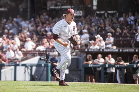STARKVILLE, MS - March 25, 2023 - Mississippi State Pitcher Landon Gartman (#36) reacts during the game between the Vanderbilt Commodores and the Mississippi State Bulldogs at Dudy Noble Field at Polk-Dement Stadium in Starkville, MS. Photo By Mike Mattina