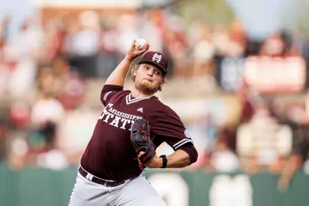STARKVILLE, MS - March 31, 2023 - Mississippi State Pitcher Landon Gartman (#36) during the game between the South Carolina Gamecocks and the Mississippi State Bulldogs at Dudy Noble Field at Polk-Dement Stadium in Starkville, MS. Photo By Mike Mattina