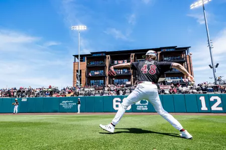 STARKVILLE, MS - April 16, 2023 - Mississippi State Pitcher Brooks Auger (#48) before the game between the Ole Miss Rebels and the Mississippi State Bulldogs at Dudy Noble Field at Polk-Dement Stadium in Starkville, MS. Photo By Jaden Powell