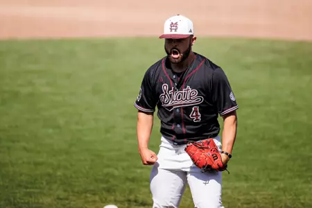 STARKVILLE, MS - April 16, 2023 - Mississippi State Pitcher Aaron Nixon (#4) reacts during the game between the Ole Miss Rebels and the Mississippi State Bulldogs at Dudy Noble Field at Polk-Dement Stadium in Starkville, MS. Photo By Mike Mattina