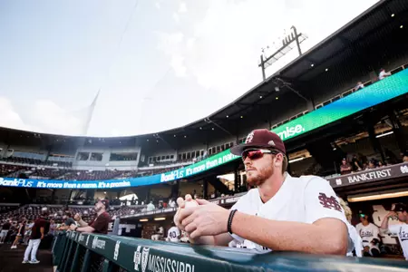 STARKVILLE, MS - May 06, 2023 - Mississippi State Pitcher Brooks Auger (#48) during the game between the Arkansas Razorbacks and the Mississippi State Bulldogs at Dudy Noble Field at Polk-Dement Stadium in Starkville, MS. Photo By Mike Mattina