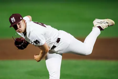 STARKVILLE, MS - May 06, 2023 - Mississippi State Pitcher Tyler Davis (#45) during the game between the Arkansas Razorbacks and the Mississippi State Bulldogs at Dudy Noble Field at Polk-Dement Stadium in Starkville, MS. Photo By Mike Mattina