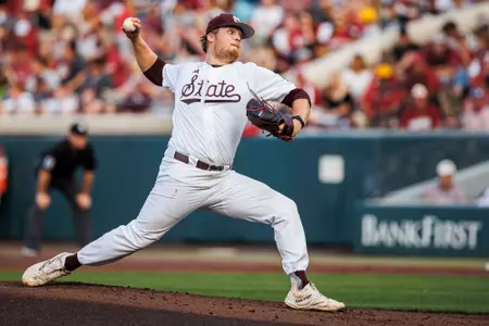 STARKVILLE, MS - May 06, 2023 - Mississippi State Pitcher Landon Gartman (#36) during the game between the Arkansas Razorbacks and the Mississippi State Bulldogs at Dudy Noble Field at Polk-Dement Stadium in Starkville, MS. Photo By Ivy Ball