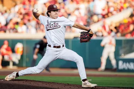 STARKVILLE, MS - May 06, 2023 - Mississippi State Pitcher Evan Siary (#12) during the game between the Arkansas Razorbacks and the Mississippi State Bulldogs at Dudy Noble Field at Polk-Dement Stadium in Starkville, MS. Photo By Ivy Ball