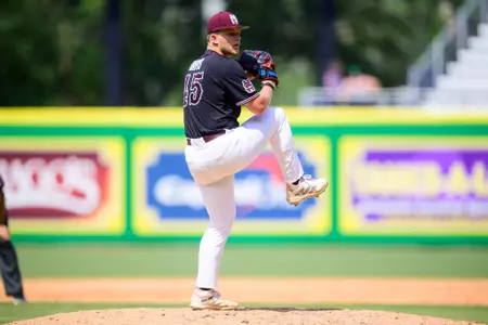 BATON ROUGE, LA - May 14, 2023 - Mississippi State Pitcher Tyler Davis (#45) during the game between the LSU Tigers and the Mississippi State Bulldogs at Alex Box Stadium in Baton Rouge, LA. Photo By Sierra Beaulieu
