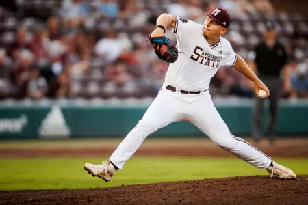 STARKVILLE, MS - May 18, 2023 - Mississippi State Pitcher Tyler Davis (#45) during the game between the Texas A&M Aggies and the Mississippi State Bulldogs at Dudy Noble Field at Polk-Dement Stadium in Starkville, MS. Photo By Mike Mattina