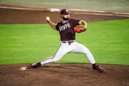 STARKVILLE, MS - May 19, 2023 - Mississippi State Pitcher Aaron Nixon (#4) during the game between the Texas A&M Aggies and the Mississippi State Bulldogs at Dudy Noble Field at Polk-Dement Stadium in Starkville, MS. Photo By Kevin Snyder