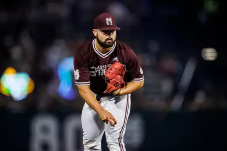 STARKVILLE, MS - May 19, 2023 - Mississippi State Pitcher Aaron Nixon (#4) during the game between the Texas A&M Aggies and the Mississippi State Bulldogs at Dudy Noble Field at Polk-Dement Stadium in Starkville, MS. Photo By Kevin Snyder