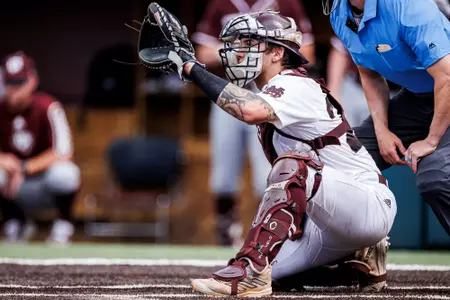 STARKVILLE, MS - May 20, 2023 - Mississippi State Catcher Ross Highfill (#22) during the game between the Texas A&M Aggies and the Mississippi State Bulldogs at Dudy Noble Field at Polk-Dement Stadium in Starkville, MS. Photo By Jaden Powell