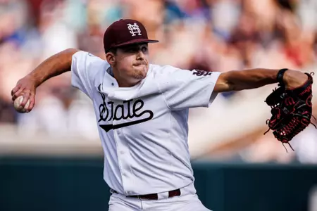 STARKVILLE, MS - May 20, 2023 - Mississippi State Pitcher Evan Siary (#12) during the game between the Texas A&M Aggies and the Mississippi State Bulldogs at Dudy Noble Field at Polk-Dement Stadium in Starkville, MS. Photo By Jaden Powell