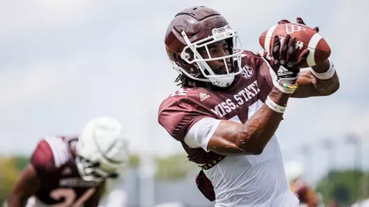 STARKVILLE, MS - August 09, 2023 - Mississippi State Wide Receiver Freddie Roberson (#19) during fall practice at the South Farm at Mississippi State University in Starkville, MS. Photo By Jaden Powell