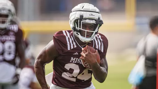 STARKVILLE, MS - August 04, 2023 - Mississippi State Running Back Keyvone Lee (#24) during a training camp practice at the Leo Seal Jr. Football Complex at Mississippi State University in Starkville, MS. Photo By Mike Mattina