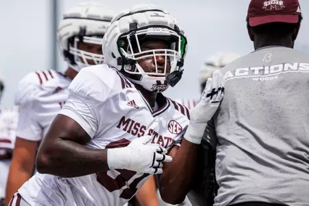 STARKVILLE, MS - August 08, 2023 - Mississippi State Defensive End Deonte Anderson (#91) during fall practice at the Leo Seal Jr. Football Complex at Mississippi State University in Starkville, MS. Photo By Jaden Powell
