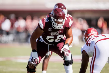 STARKVILLE, MS - October 08, 2022 - Mississippi State Offensive Lineman Kameron Jones (#58) during the Homecoming game between the Arkansas Razorbacks and the Mississippi State Bulldogs at Davis Wade Stadium at Scott Field in Starkville, MS. Photo By Kevin Snyder