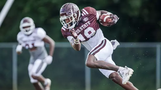 STARKVILLE, MS - August 09, 2023 - Mississippi State Wide Receiver Freddie Roberson (#19) during fall practice at the South Farm at Mississippi State University in Starkville, MS. Photo By Jaden Powell