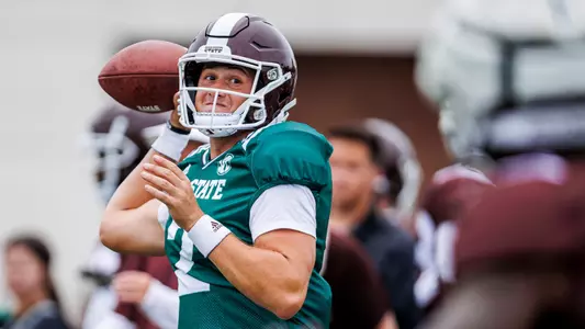 STARKVILLE, MS - August 08, 2023 - Mississippi State Quarterback Will Rogers (#2) during fall practice at the Leo Seal Jr. Football Complex at Mississippi State University in Starkville, MS. Photo By Jaden Powell