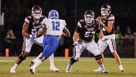 STARKVILLE, MS - September 03, 2022 - Mississippi State Offensive Lineman Kameron Jones (#58) and Mississippi State Offensive Lineman Cole Smith (#57) during the game between the Memphis Tigers and the Mississippi State Bulldogs at Davis Wade Stadium at Scott Field in Starkville, MS. Photo By Mike Mattina
