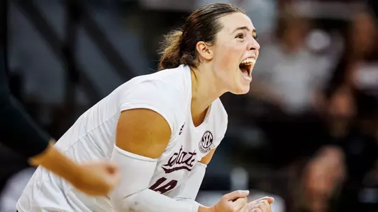 STARKVILLE, MS - August 27, 2023 - Mississippi State Outside Hitter/Right Side Hitter Lauren Myrick (#18) during the match between the Louisiana Ragin' Cajuns and the Mississippi State Bulldogs at the Newell-Grissom Building in Starkville, MS. Photo By Jaden Powell