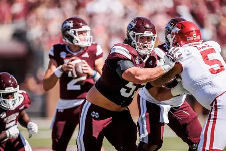STARKVILLE, MS - October 08, 2022 - Mississippi State Offensive Lineman Cole Smith (#57)during the Homecoming game between the Arkansas Razorbacks and the Mississippi State Bulldogs at Davis Wade Stadium at Scott Field in Starkville, MS. Photo By Kevin Snyder