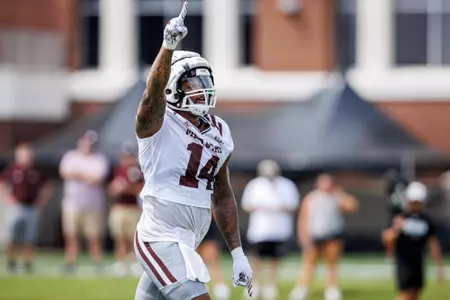 STARKVILLE, MS - August 04, 2023 - Mississippi State Linebacker Nathaniel Watson (#14) during fall training camp at the Leo Seal Jr. Football Complex at Mississippi State University in Starkville, MS. Photo By Jaden Powell