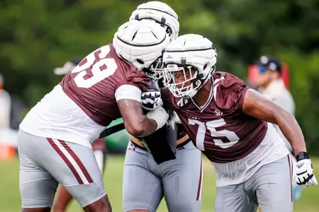 STARKVILLE, MS - August 04, 2023 - Mississippi State Offensive Lineman Percy Lewis (#75) during a training camp practice at the Leo Seal Jr. Football Complex at Mississippi State University in Starkville, MS. Photo By Mike Mattina
