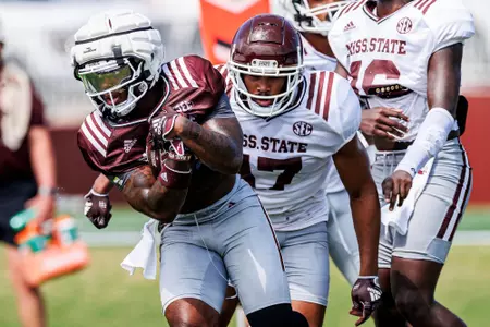 STARKVILLE, MS - August 06, 2023 - Mississippi State Running Back Jo'quavious Marks (#7) during practice at the Leo Seal Jr. Football Complex at Mississippi State University in Starkville, MS. Photo By Jaden Powell
