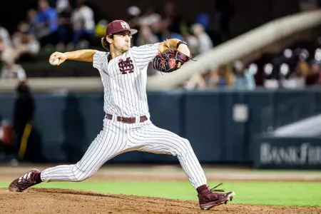 STARKVILLE, MS - April 04, 2023 - Mississippi State Pitcher Logan Forsythe (#6) during the game between the Grambling State Tigers and the Mississippi State Bulldogs at Dudy Noble Field at Polk-Dement Stadium in Starkville, MS. Photo By Ivy Ball