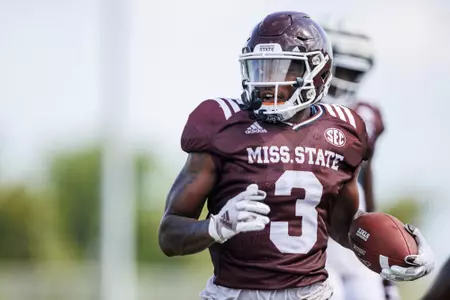 STARKVILLE, MS - August 09, 2023 - Mississippi State Wide Receiver Justin Robinson (#3) during fall practice at the South Farm at Mississippi State University in Starkville, MS. Photo By Jaden Powell