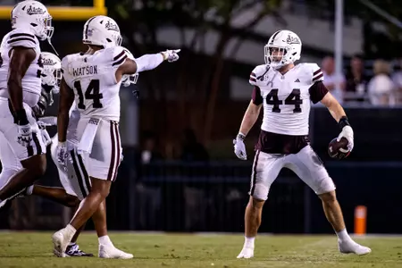 STARKVILLE, MS - September 09, 2023 - Mississippi State Linebacker Jett Johnson (#44) and Mississippi State Linebacker Nathaniel Watson (#14) during the game between the Arizona Wildcats and the Mississippi State Bulldogs at Davis Wade Stadium at Scott Field in Starkville, MS. Photo By Mike Mattina