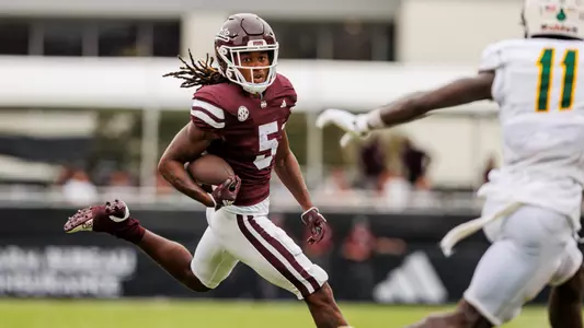 STARKVILLE, MS - September 02, 2023 - Mississippi State Wide Receiver Lideatrick Griffin (#5) during the game between the Southeastern Louisiana Lions and the Mississippi State Bulldogs at Davis Wade Stadium at Scott Field in Starkville, MS. Photo By Bailey Black