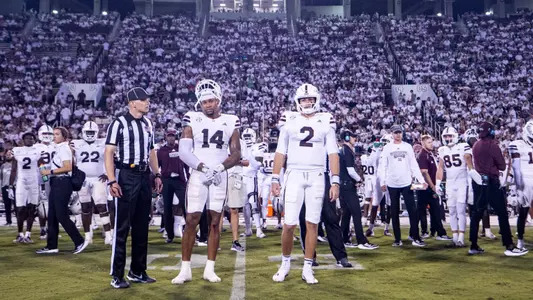 STARKVILLE, MS - September 09, 2023 - Mississippi State Linebacker Nathaniel Watson (#14) and Mississippi State Quarterback Will Rogers (#2) during the game between the Arizona Wildcats and the Mississippi State Bulldogs at Davis Wade Stadium at Scott Field in Starkville, MS. Photo By Mike Mattina