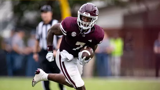 STARKVILLE, MS - September 02, 2023 - Mississippi State Running Back Jo'quavious Marks (#7) during the game between the Southeastern Louisiana Lions and the Mississippi State Bulldogs at Davis Wade Stadium at Scott Field in Starkville, MS. Photo By Mike Mattina