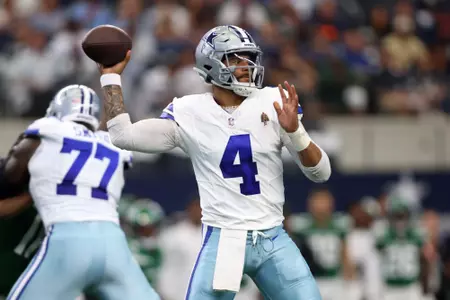 Sep 17, 2023; Arlington, Texas, USA; Dallas Cowboys quarterback Dak Prescott (4) throws a pass in the first quarter against the New York Jets at AT&T Stadium. Mandatory Credit: Tim Heitman-USA TODAY Sports