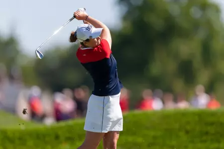 Sep 6, 2021; Toledo, Ohio, USA; Ally Ewing of Team USA hits her approach shot on the first hole during singles matches in the 2021 Solheim Cup at Invernes Club. Mandatory Credit: Raj Mehta-USA TODAY Sports