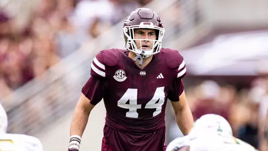 STARKVILLE, MS - September 02, 2023 - Mississippi State Linebacker Jett Johnson (#44) during the game between the Southeastern Louisiana Lions and the Mississippi State Bulldogs at Davis Wade Stadium at Scott Field in Starkville, MS. Photo By Mike Mattina