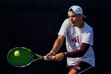 STARKVILLE, MS - September 07, 2023 - Mississippi State's Dusan Milanovic during practice at the AJ Pitts Tennis Centre in Starkville, MS. Photo By Bailey Black