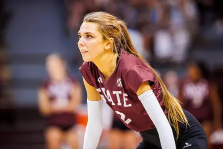 STARKVILLE, MS - August 25, 2023 - Mississippi State Outside Hitter Karli Schmidt (#2) during the match between the Eastern Kentucky University Colonels and the Mississippi State Bulldogs at the Newell-Grissom Building in Starkville, MS. Photo By Bailey Black
