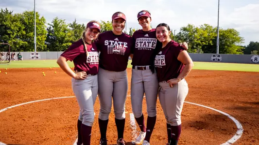STARKVILLE, MS - September 06, 2023 - Mississippi State Pitcher/Infielder Delainey Everett (#48), Mississippi State Pitcher/Infielder Matalasi Faapito (#34), Mississippi State Pitcher Hosanna Lindblade (#43) and Mississippi State Pitcher Aspen Wesley (#28) during the first practice of the 2023-2024 season at Nusz Park in Starkville, MS. Photo By Mike Mattina