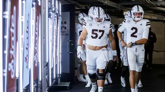 STARKVILLE, MS - September 09, 2023 - Mississippi State Offensive Lineman Cole Smith (#57) and Mississippi State Quarterback Will Rogers (#2) before the game between the Arizona Wildcats and the Mississippi State Bulldogs at Davis Wade Stadium at Scott Field in Starkville, MS. Photo By Jaden Powell