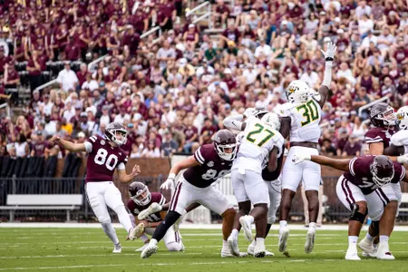 STARKVILLE, MS - September 02, 2023 - Mississippi State Kicker Kyle Ferrie (#80) during the game between the Southeastern Louisiana Lions and the Mississippi State Bulldogs at Davis Wade Stadium at Scott Field in Starkville, MS. Photo By Mike Mattina