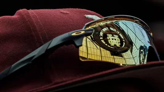 STARKVILLE, MS - May 20, 2023 - M over S sign reflected in sunglasses during the Baseball Weight Room Donor Ceremony at the Palmeiro Center in Starkville, MS. Photo By Kevin Snyder