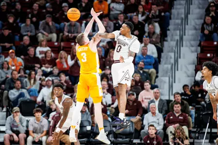STARKVILLE, MS - January 10, 2024 - Mississippi State Forward DJ Jeffries (#0) during the game between the Tennessee Volunteers and the Mississippi State Bulldogs at Humphrey Coliseum in Starkville, MS. Photo By Mike Mattina